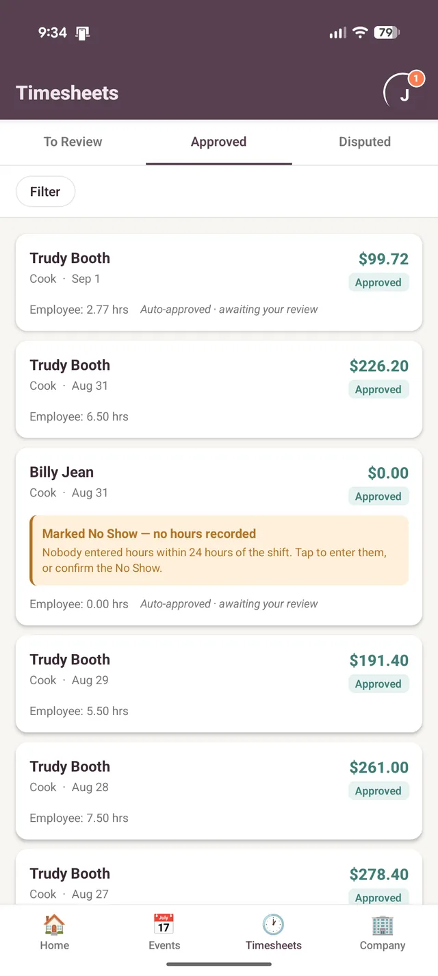 Client app: approved timesheets with no-show flag