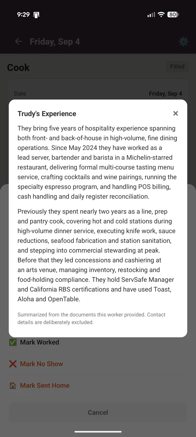 Client app: worker experience summary