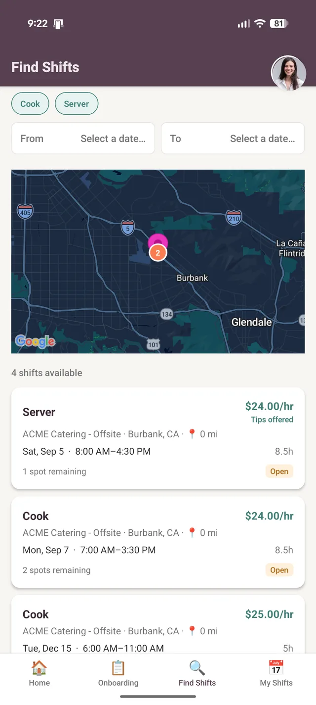 Mobile app: map-based shift search