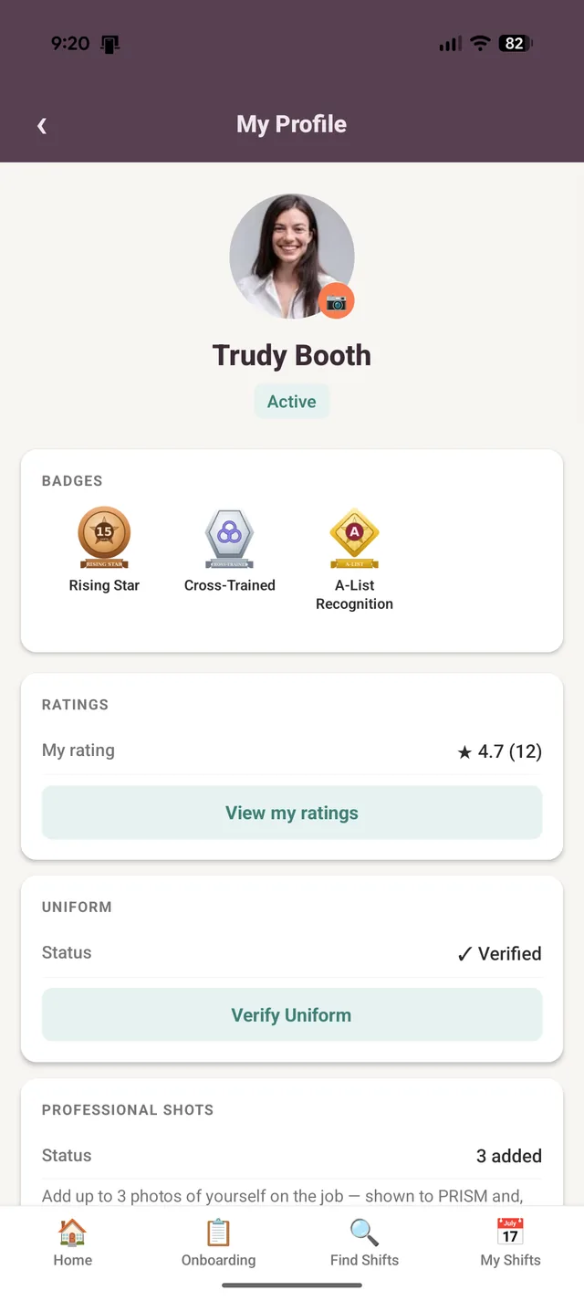 Mobile app: worker profile with badges and ratings