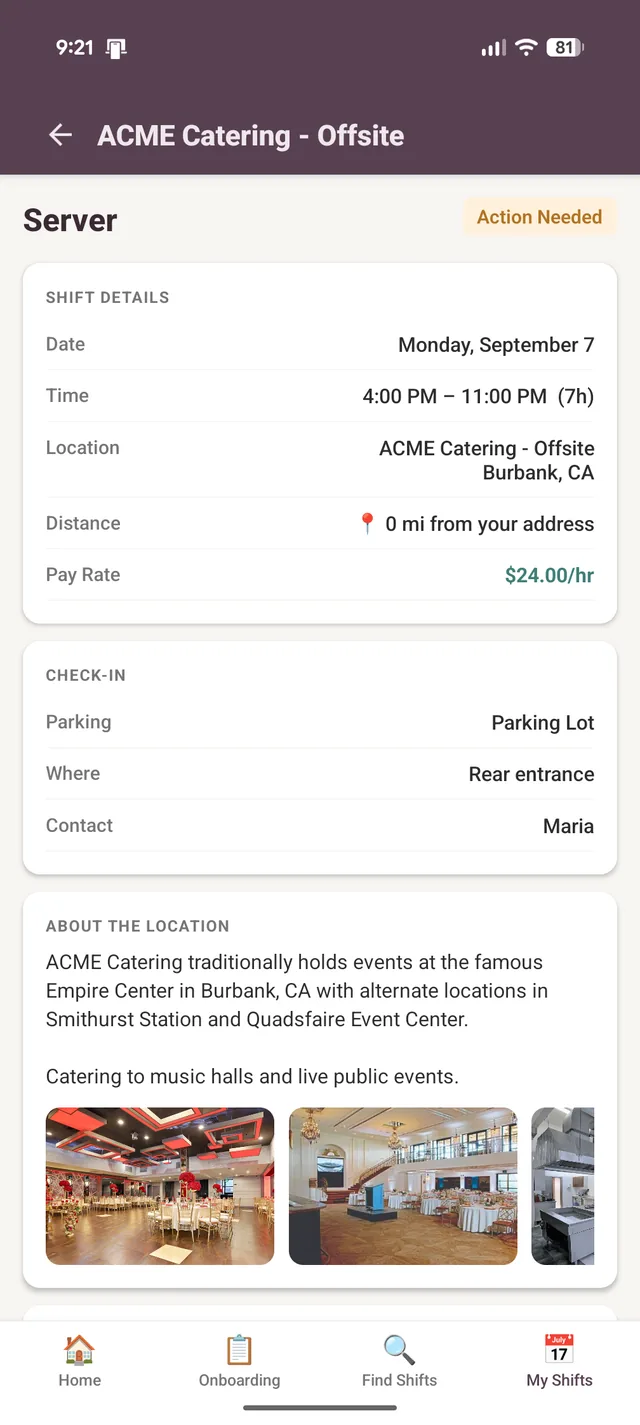 Mobile app: shift request details with pay and check-in info