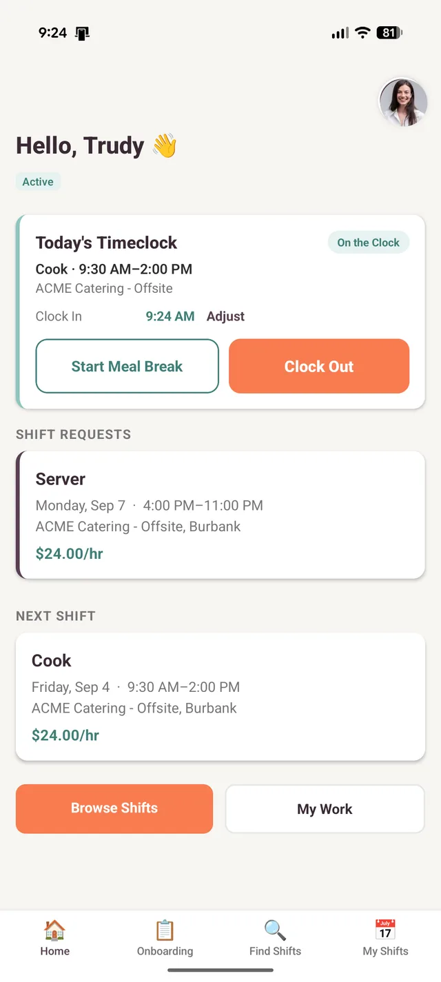 Mobile app: timeclock with meal break and clock out
