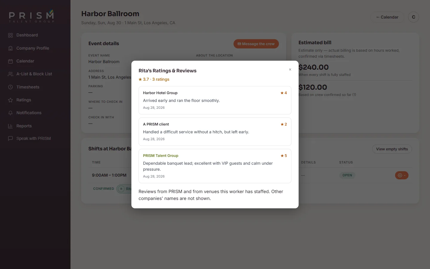 Client portal: event staffing with worker reviews
