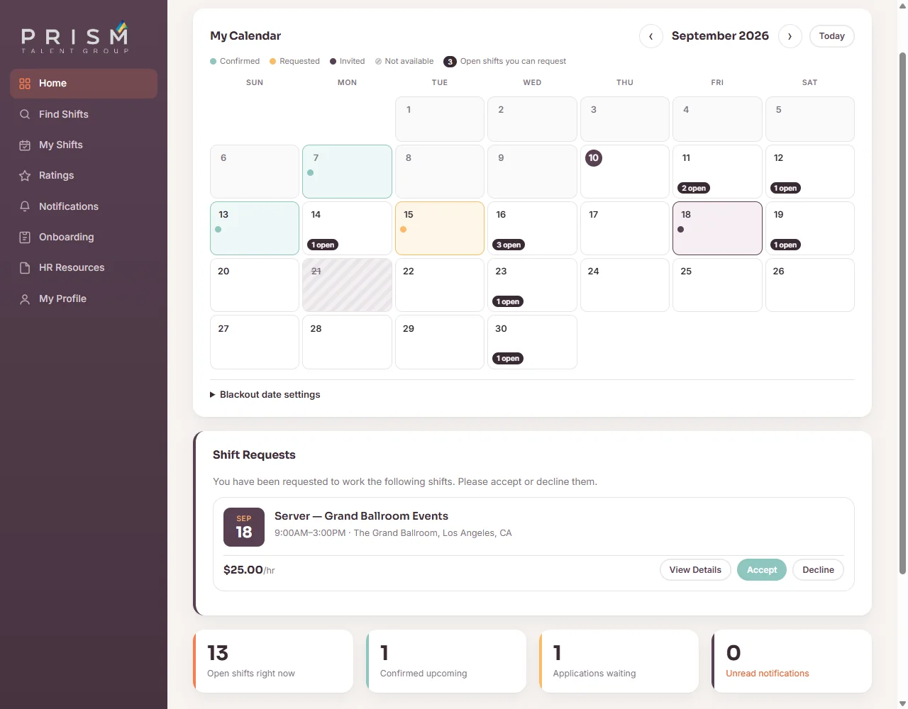 Employee portal: availability calendar and shift requests