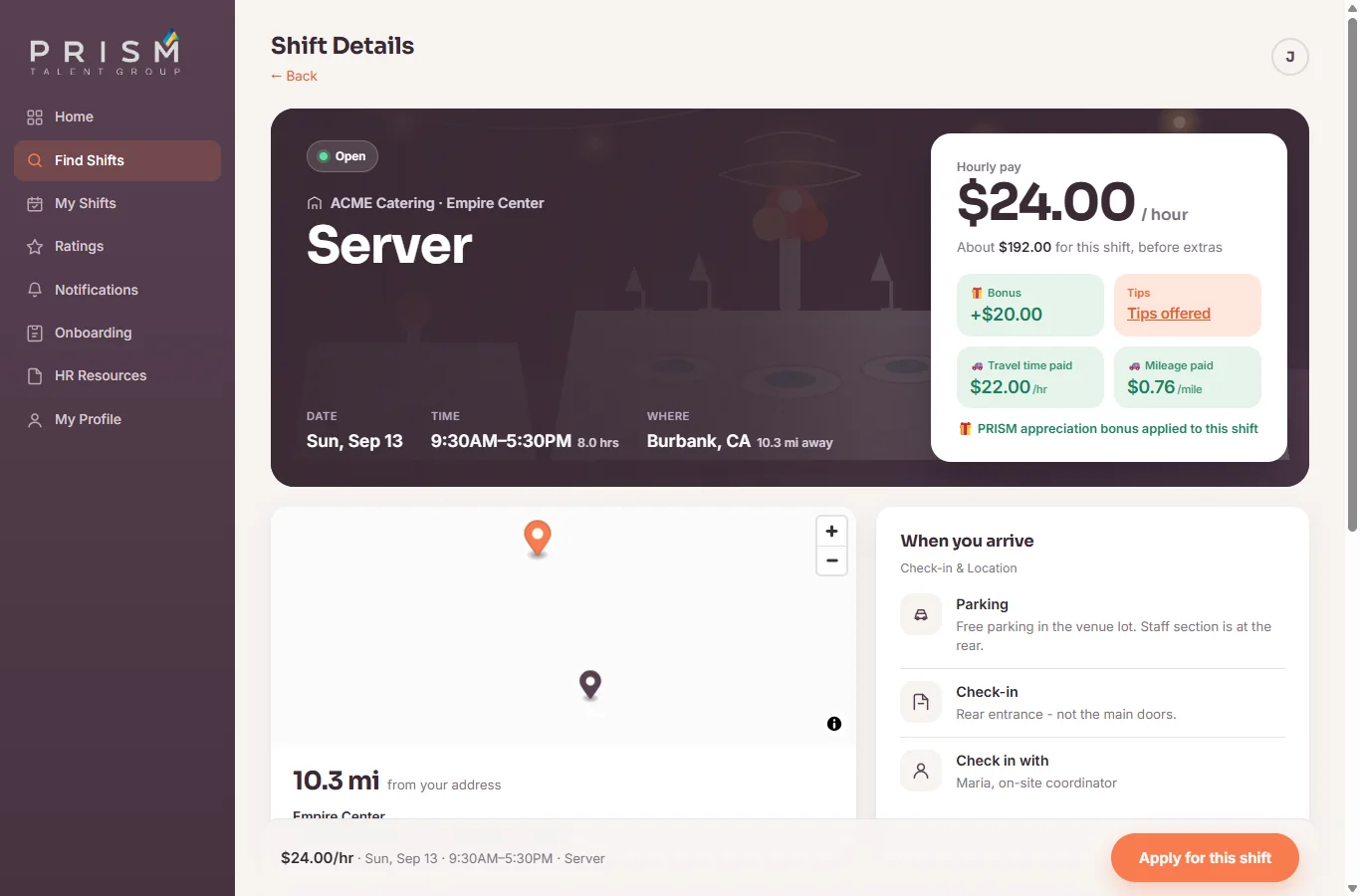 Employee portal: shift details with pay breakdown